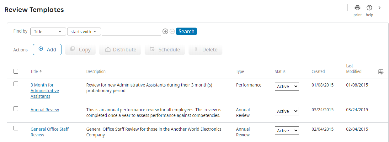 Performance Reviews Review Templates Page