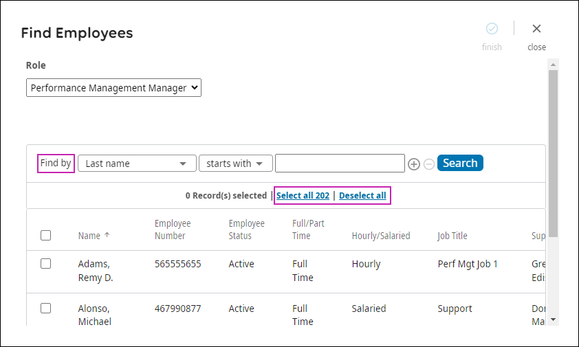 Find Employees page with emphasis on the Find By filter and the Select All and Deselect All options