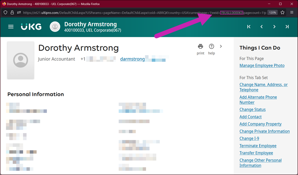 An employee's Profile page. There is an arrow pointing to the address bar and the EEID is highlighted in the URL.