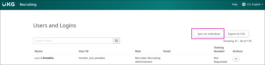 The Users and Logins page. The Sync an individual button has a bright pink box around it.