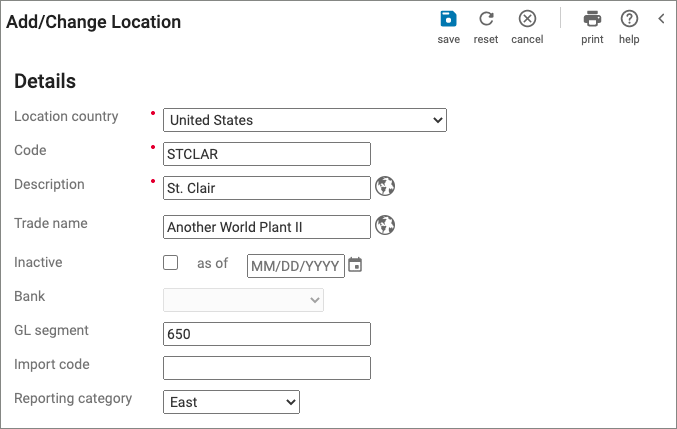 Add/Change Locations page view