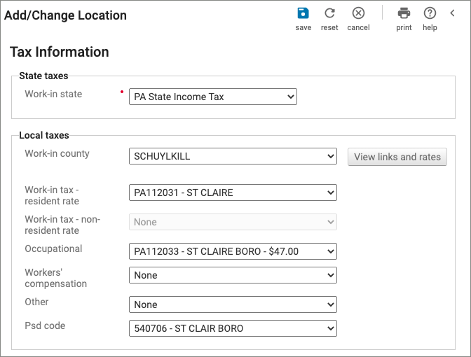 Add/Change Location Tax Information