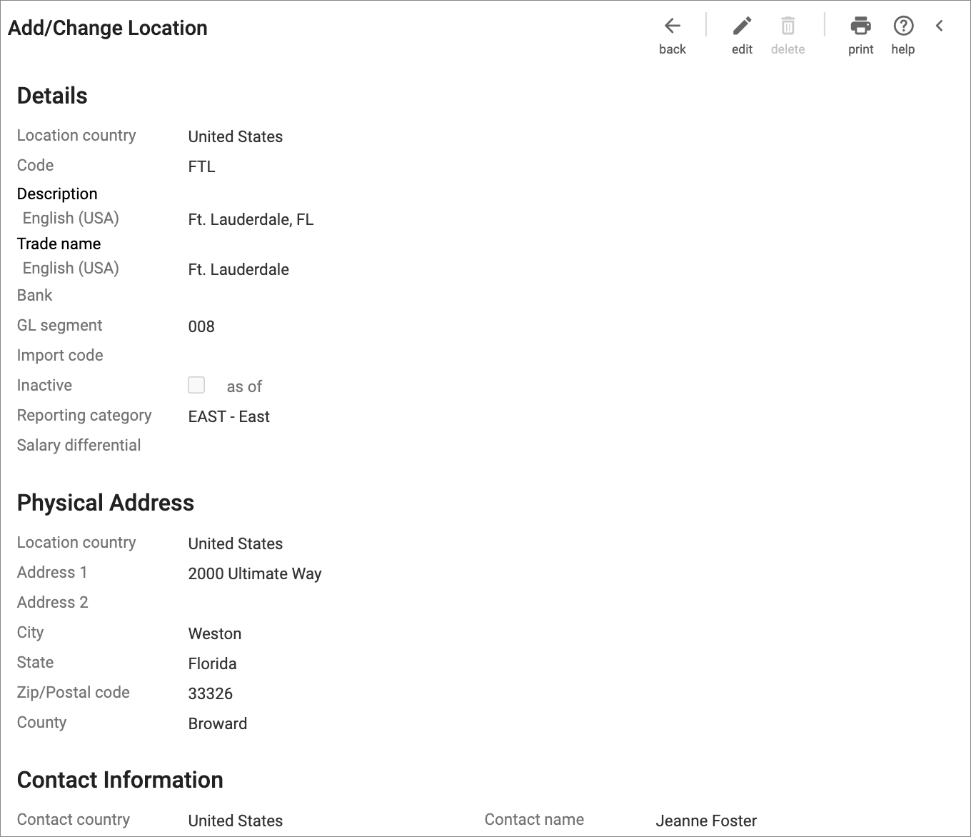 Add/Change Location - Details and Physical Address Sections