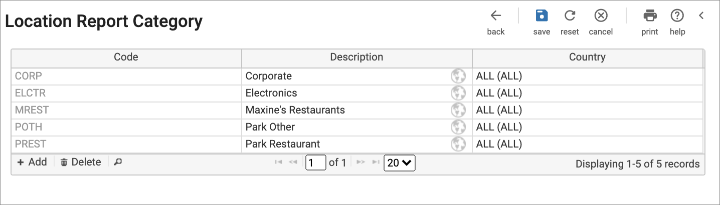 Location Report Categories Configuration