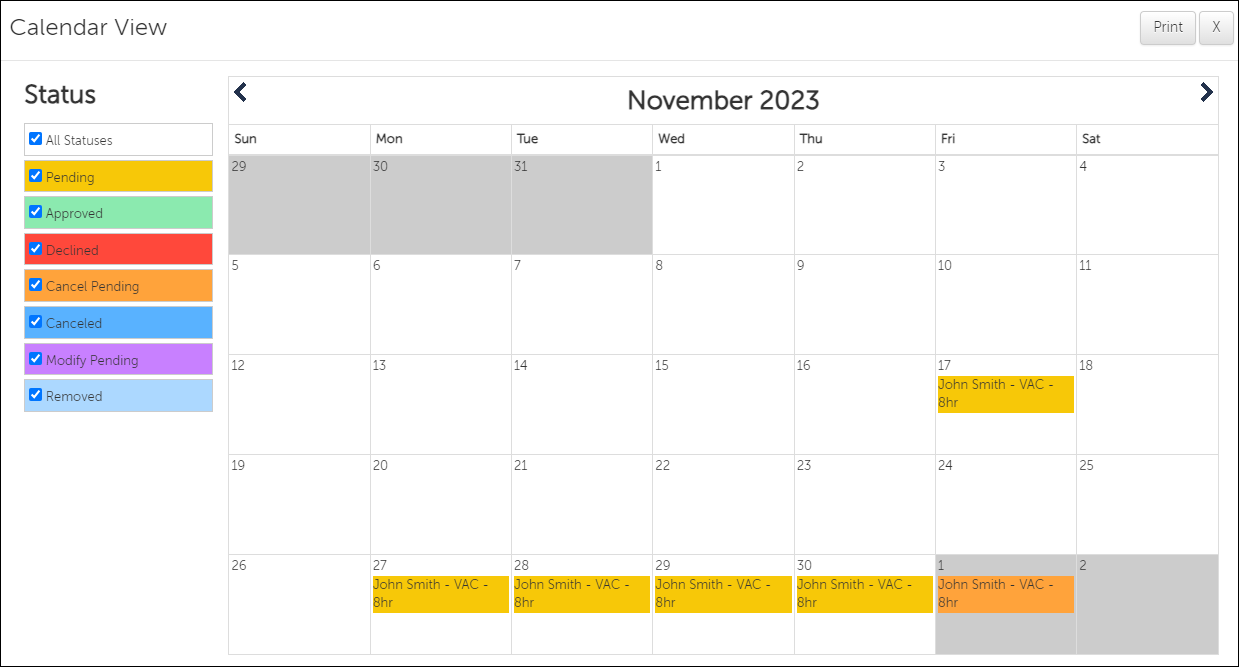 Calendar View page showing pending requests in yellow and a cancel pending request in orange.