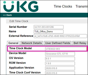 UTC Host Server Time Clocks page showing Time Clock Model field