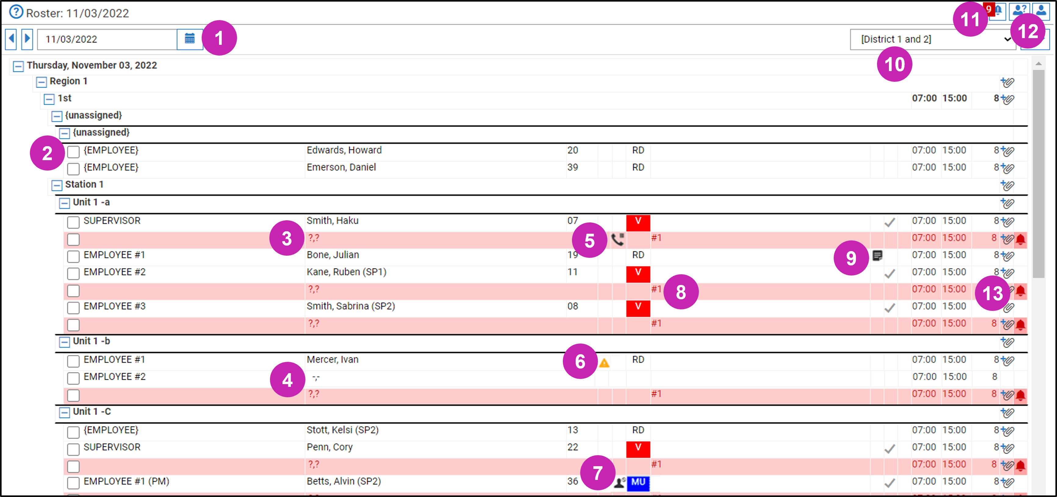 Image of the Roster with 13 fuchsia icons used to navigate the various areas and symbols on the Roster.