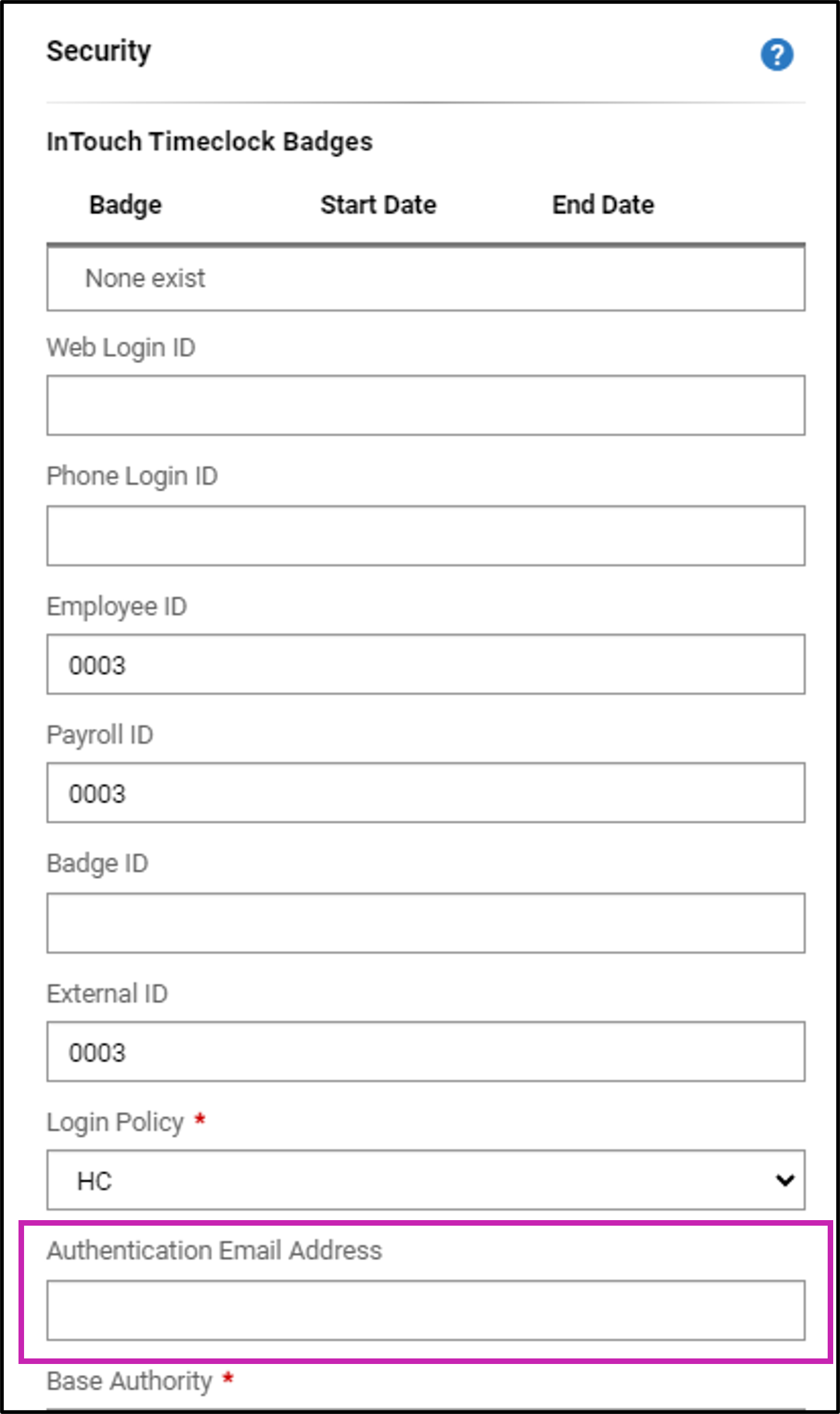 Security section of General tab highlighting Authentication Email Address field.