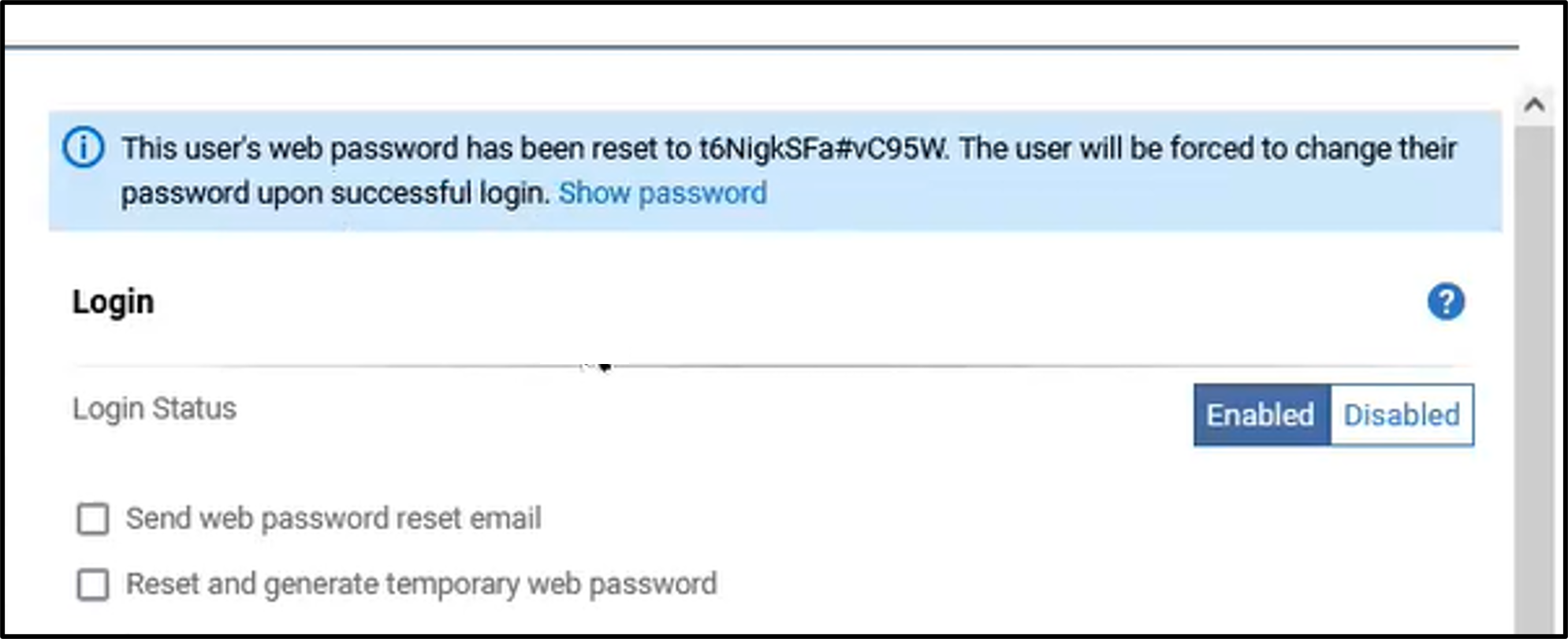 Login section of General tab with notification box showing temporary password.