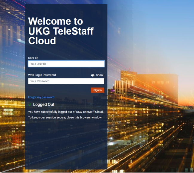 UKG TeleStaff Cloud login page.