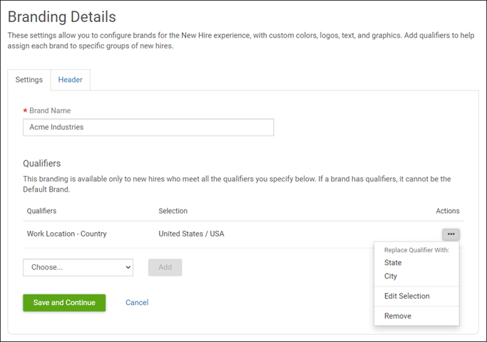 Image displays the Branding Details page with a summary of the selected qualifier options displayed.