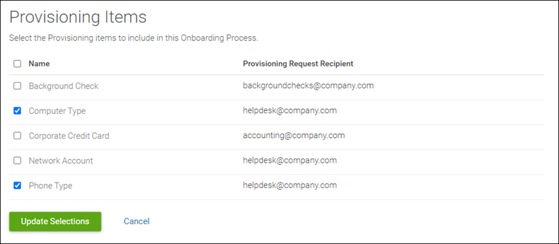 Onboarding Provisioning Settings. Image displays the Provisioning Items section with various provisioning items listed as examples. Checkboxes are shown next to each provisioning item and the option to Update Selections or Cancel at the bottom.