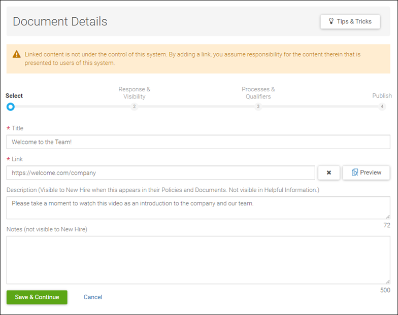 Screenshot displays the Document Details page with the Title, Link, and Description fields populated with examples.