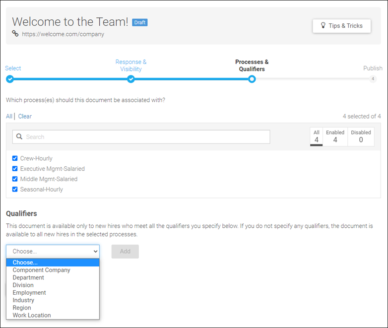 Onboarding Document Library. Image displays the Processes and Qualifiers step within Document Details. Options for processes to include are shown. A dropdown to select from a list of qualifiers is also displayed.