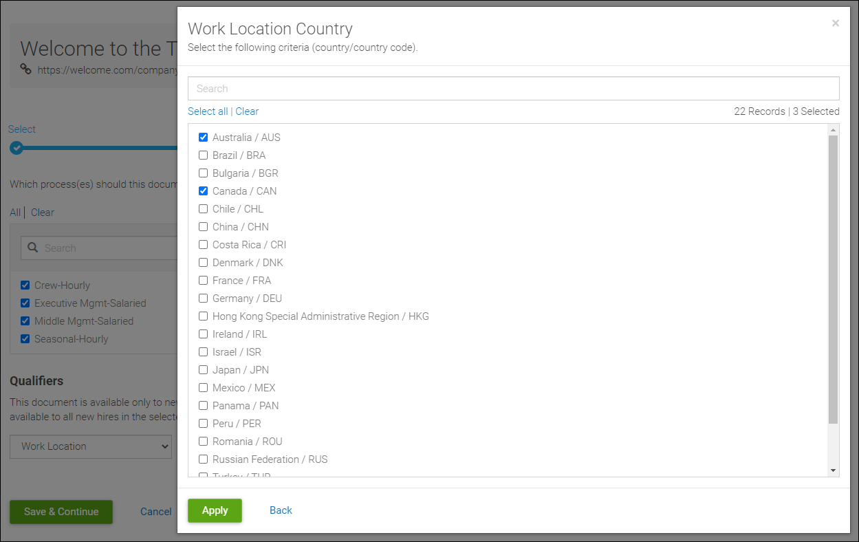 Onboarding Document Library. Image displays additional criteria to select from once the qualifier option is selected. The qualifier displayed is Country, with a list of countries to select from.