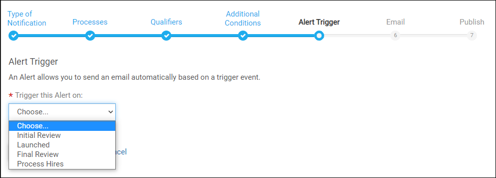 Image displays the alert trigger step of creating an alert.