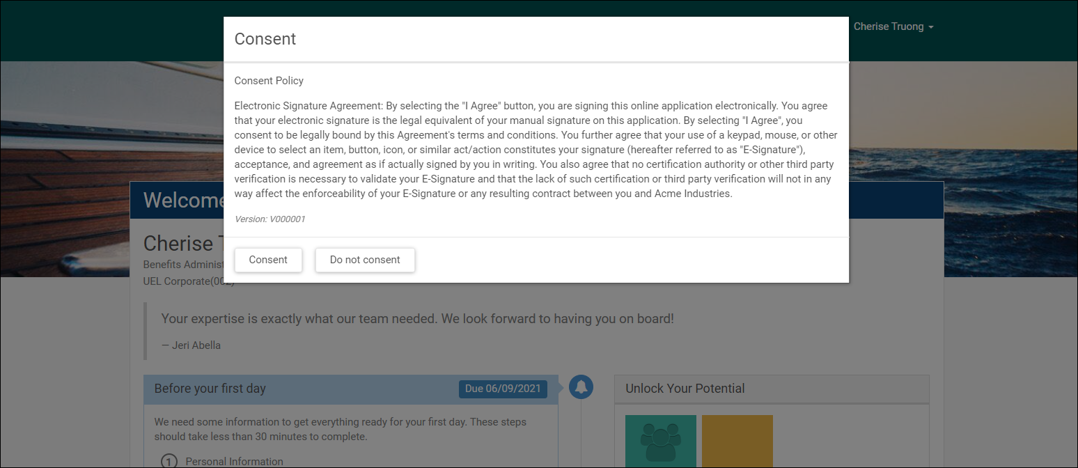 Consent message on New Onboarding page. Image displays a pop up text box on the New Hire's landing page in Onboarding with the message of consent and options for employee to select Consent or Do not consent.