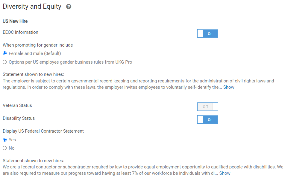 Diversity and Equity section with the EEOC Information option enabled.