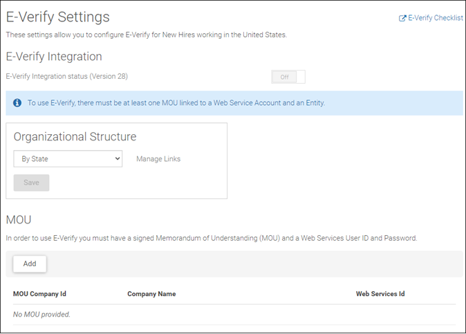 Onboarding E-Verify Settings. Image displays the E-Verify Settings page with the option to add an MOU, or Memorandum of Understanding.