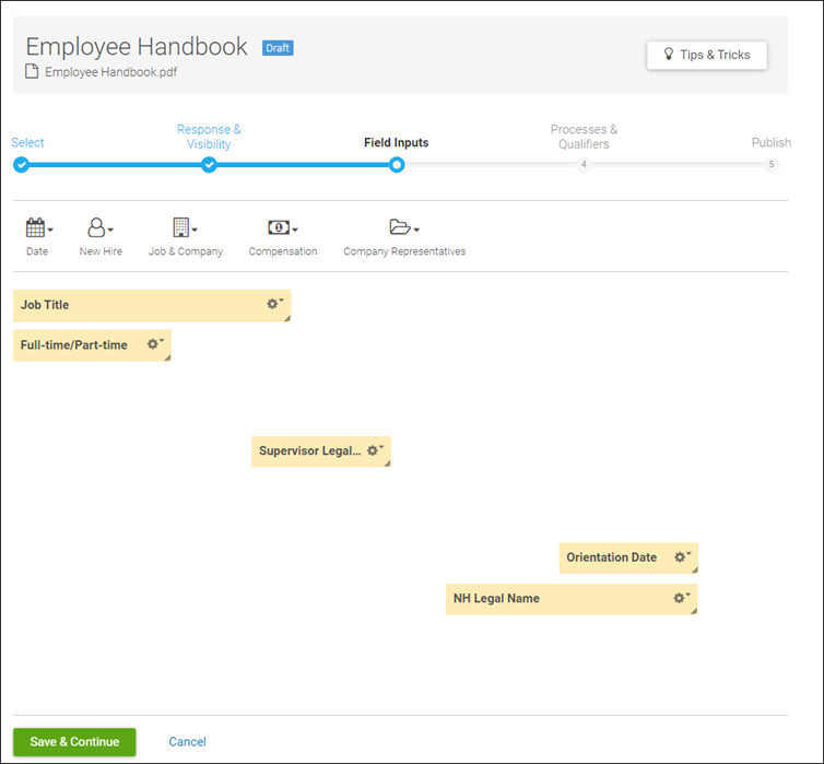 Onboarding Document Library. Image shows the Field Inputs step within Document Details. Examples are shown for merge tags including Job Title, Full-time/part-time, Supervisor name, Orientation Date, and New Hire Legal Name.