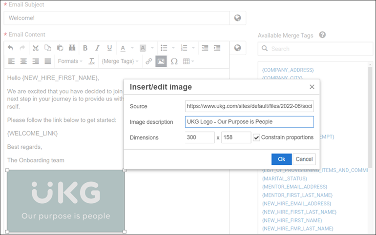Insert/Edit Image pop-up window showing the Image Description field entry of "UKG Logo - Our Purpose is People."