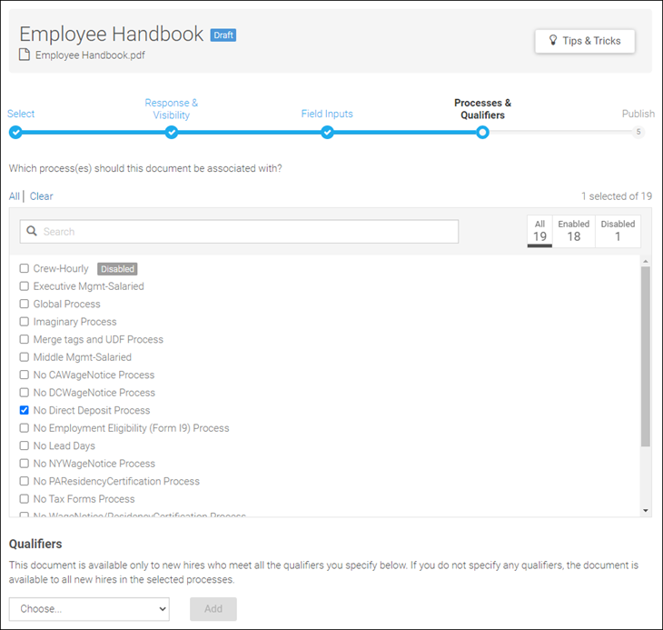 Onboarding Document Library. Image displays the Processes and Qualifiers step within Document Details. A list of processes that the document will be associated with is displayed.