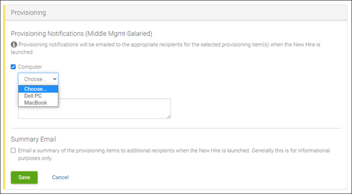 Onboarding Provisioning for New Hires. Image displays the Provisioning section on the New Hires details screen. An example of Computer is shown with an option to provision the item to the selected new hire.