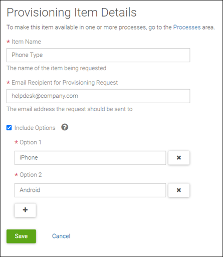 Onboarding Provisioning Settings. Image displays the Provisioning Item Details page with examples shown in the Item Name, Email Recipient, and Option fields.