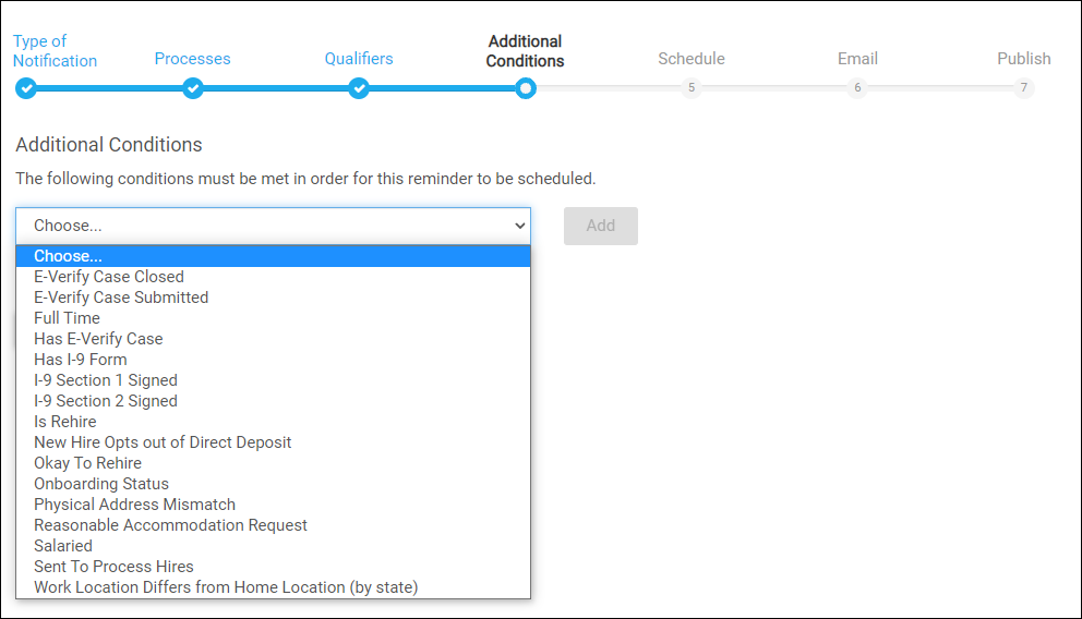 Image displays the additional conditions step in the process of configuring a system-delivered reminder.