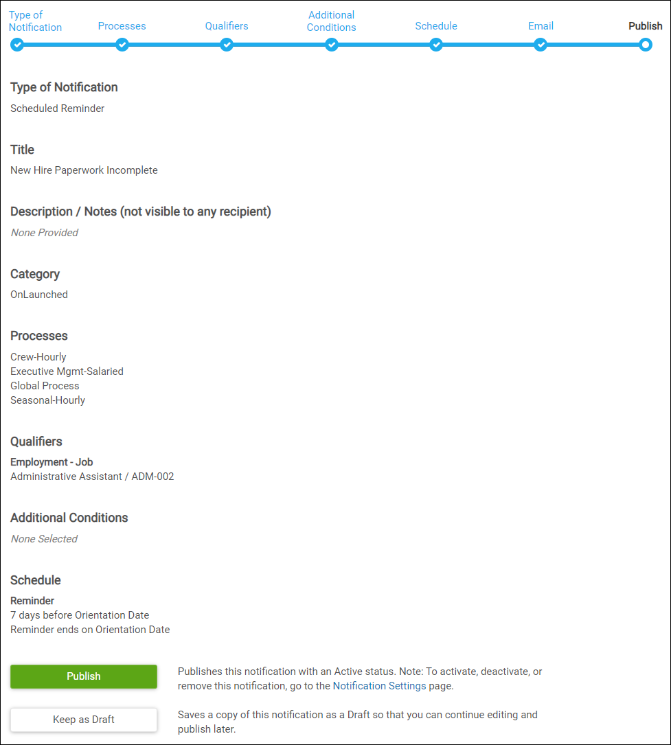 Image displays the publish step and a summary of all items selected after configuring a system-delivered reminder. Options shown are publish and replace or keep as draft.