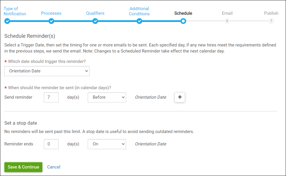 Image displays the schedule step in the process of configuring system-delivered reminders.