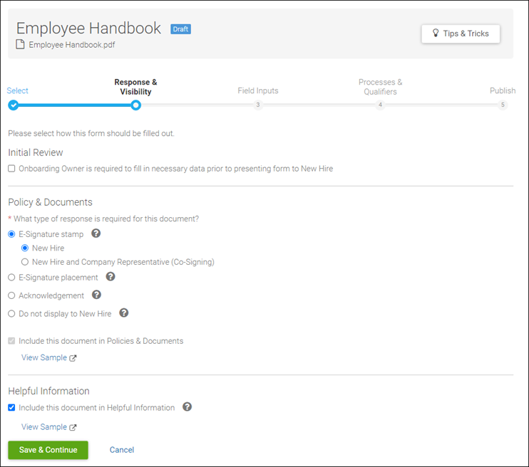 Onboarding Document Library. Image displays the Response and Visibility step in Document Details. Options are shown to include an initial review, to select a response type, and to include the document within Helpful Information.