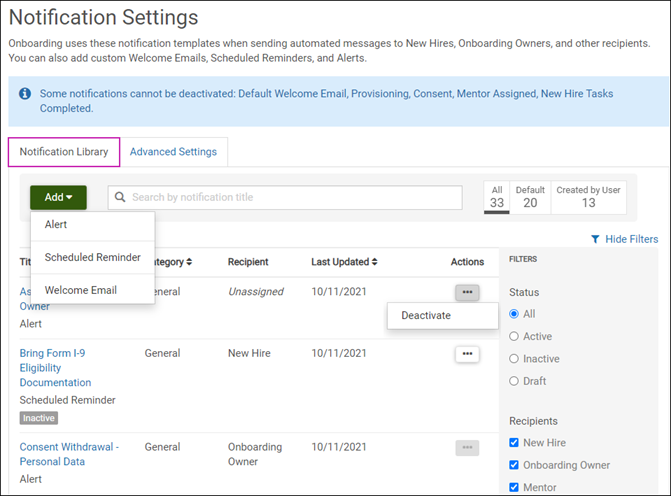 Image displays an overview of the Notifications Settings page in Onboarding.