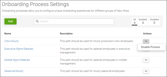 Image displays the Onboarding Process Settings page. The Add button, search bar, actions menu, and a list of processes are all shown.