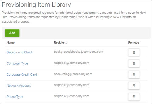 Onboarding Provisioning Settings. Image displays the Provisioning page under Onboarding settings. There are example items listed, and the add and remove button are shown as well.