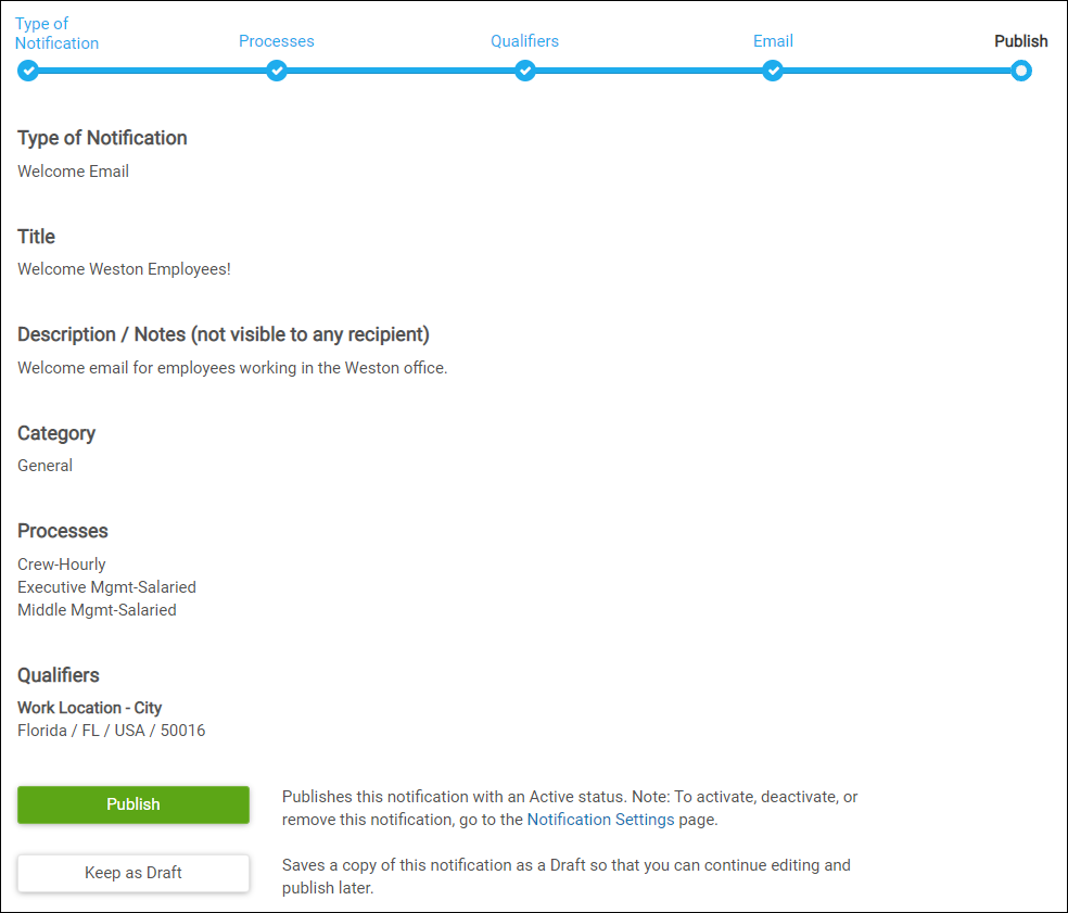 Image displays the summary of selected items in the process of creating a new welcome email with an option to publish or keep as draft.