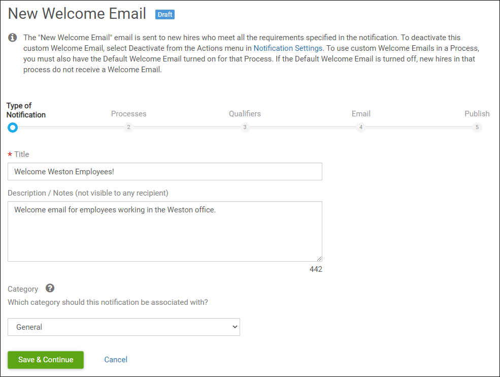 Image displays the new welcome email template window with a field for title and description.