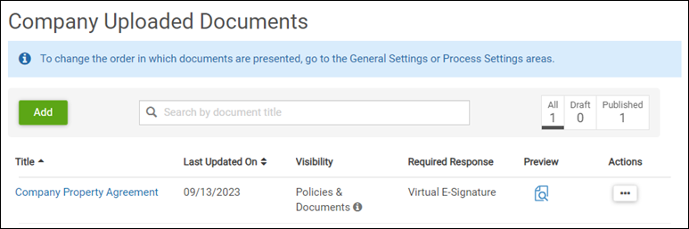 Screenshot of the Company Uploaded Documents page. The Add button, a search bar, an example document, and the Actions column are all included in the image.