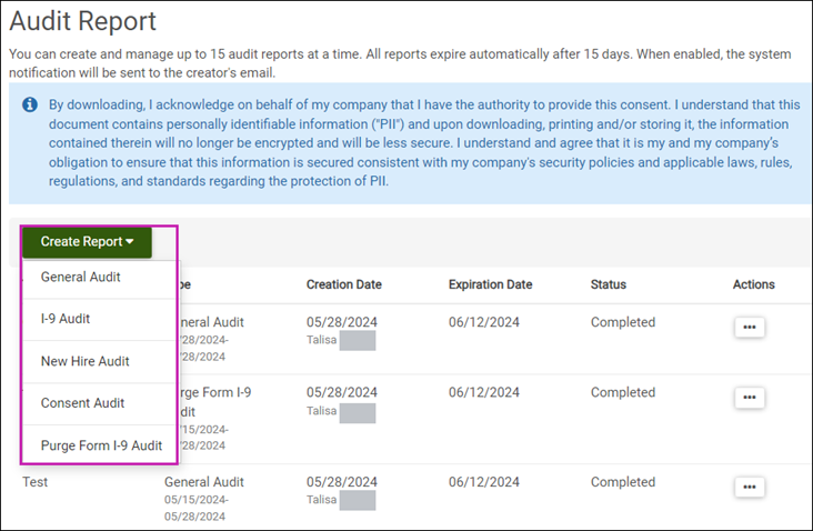 Image displays the Onboarding Audit Report landing page with selection options for the type of report.