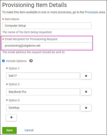 Onboarding Provisioning for New Hires. Image displays the Provisioning Item Details page in the Provisioning section of Settings. The Email Recipient for Provisioning Request section is highlighted.