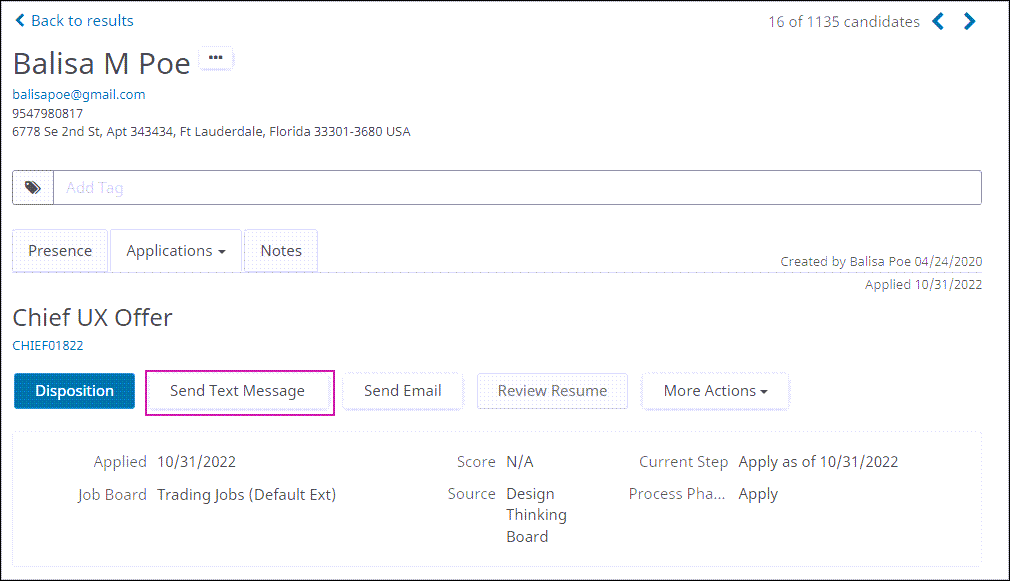 The Applications page of a candidate's details. The Send Text Message button is highlighted.