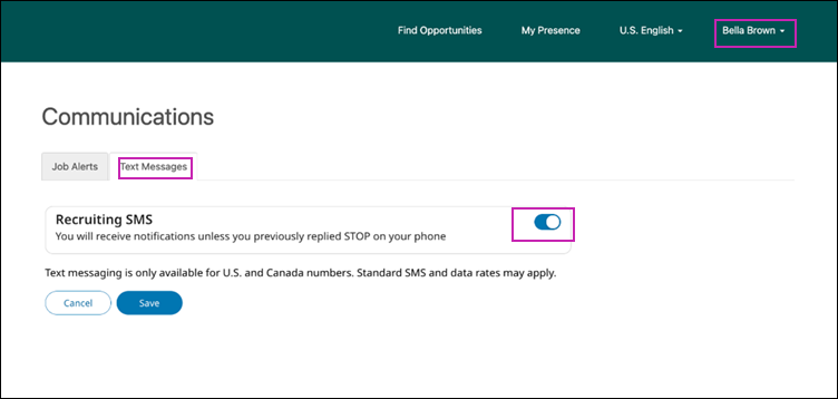 The Candidate Communications page with the Recruiting SMS toggle set to On.