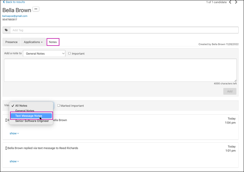 The Candidate Details page, with the Notes tab selected. The View dropdown is expanded and the Text Message Notes option is highlighted.