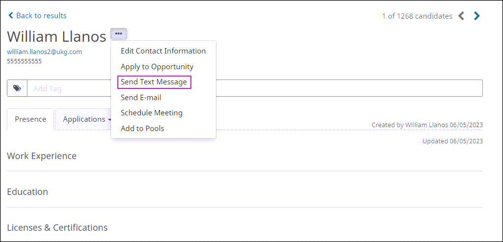 The Candidate Details page with the action menu expanded and Send Text Message option highlighed.