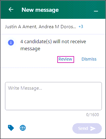 The New Message window for Text Communications. Recipients are listed at the top. An info panel states that "4 candidate(s) will not receive the message. The Review link is highlighted.