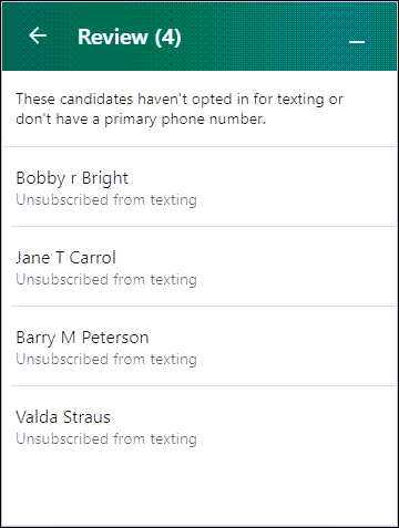 The Review window of the Texting Panel. The names of those who were selected to receive the message but are unable to receive it are listed, as well as the reason they cannot be texted.