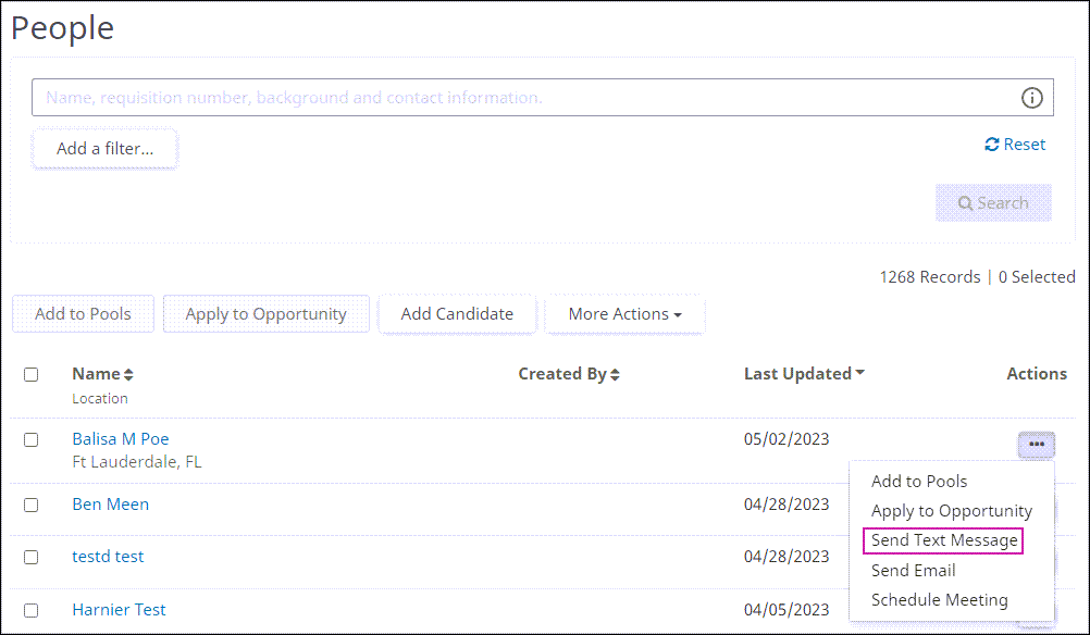 The People page. The action button associated with a person is pressed and Send Text Message is highlighted on the pop-up menu.