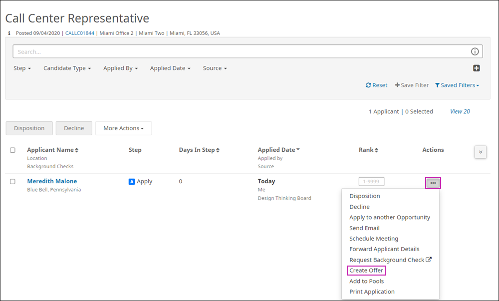 Applicant List page for the opportunity. Image displays a table with the list of applicants. For the first applicant, the Ellipses icon in the Actions column is highlighted and the menu displays. The Create Offer option is highlighted.