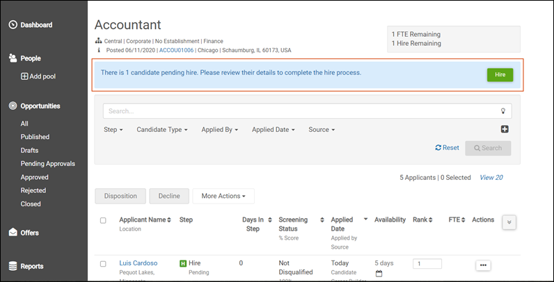 Applicant List page. Image displays a blue banner at the top of the Applicant List page of an opportunity with the text: There is one candidate pending hire. Please review their details to complete the hire process. The banner also includes a Hire button.
