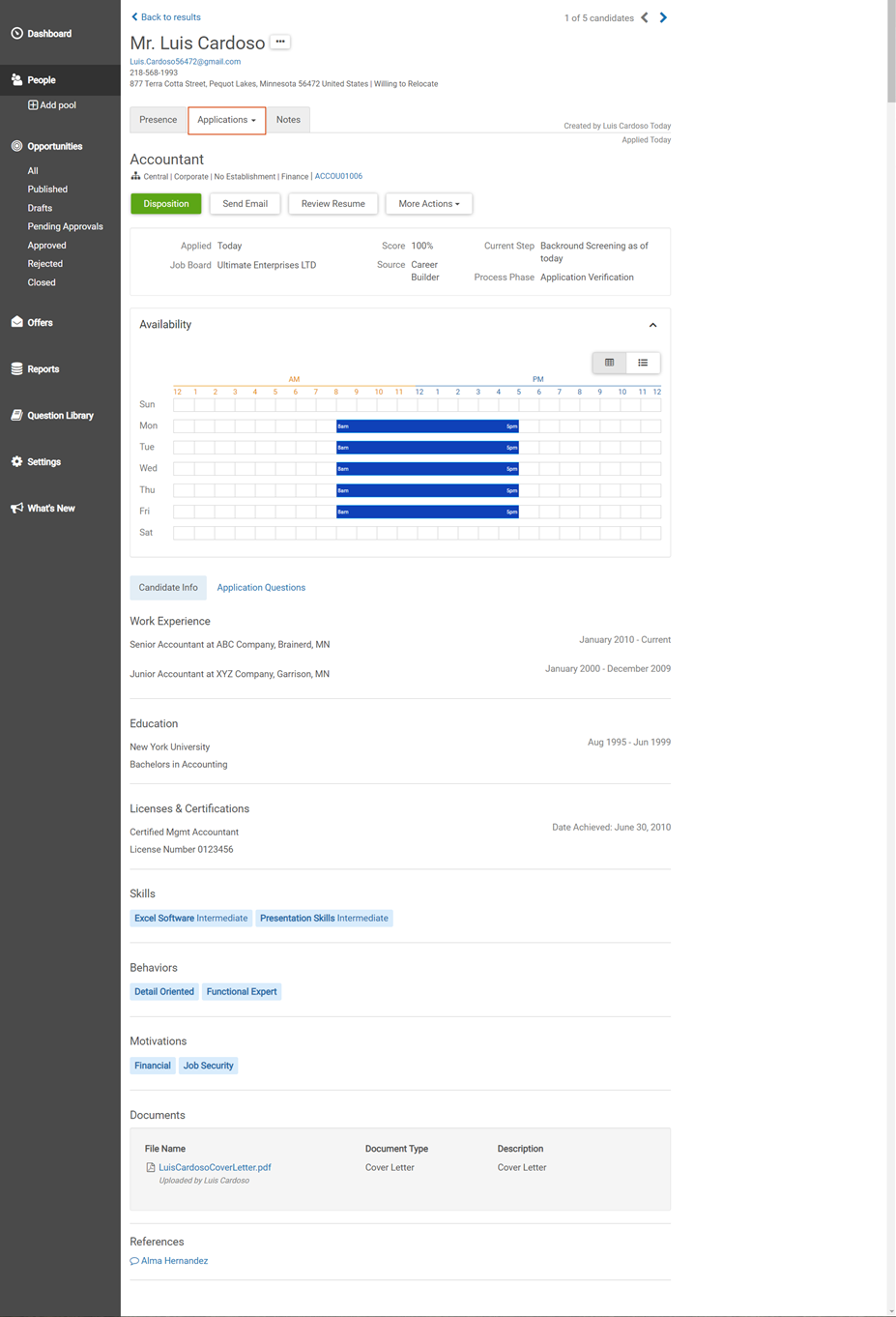 Applicant page. Image shows the Applications tab with buttons for Disposition, Send Email, Review Resume, and Review Actions. The page also displays the applicant's application.